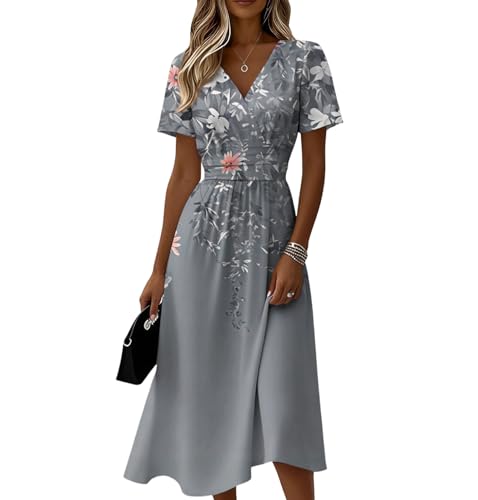 Vestido Mujer Verano 2026   Vestido Corto Vuelo V Cuello Ladies, Elegante y Cómodo para Playa, Fiesta o Diario   Ropa Mujer Verano en Colores Sólidos(4 Gris Claro,M)