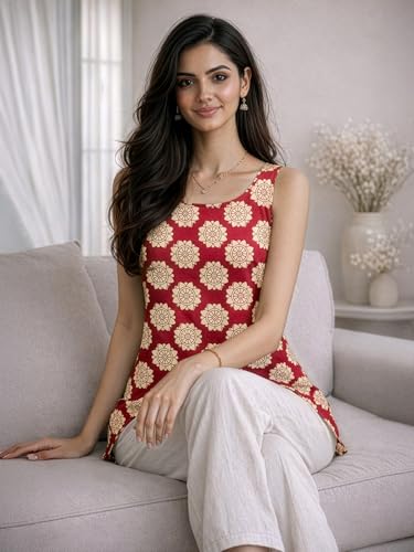 Image of Aahwan Printed Back Deep Round Neck Sleeveless Short Tunic Top & Kurti for Women's & Girl's