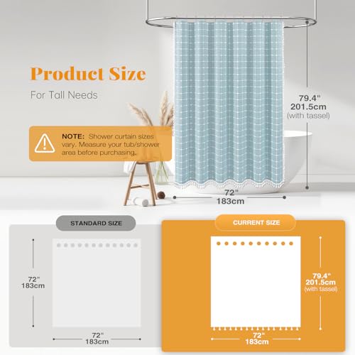 Image of BTTN 78 Inch Long Shower Curtain - Boho Farmhouse Linen Ultra Thick Fabric Shower Curtain Set with Plastic Hooks, Tall Rv Rustic Country Weighted Cloth Shower Curtains for Bathroom - Fog Blue - 72x78