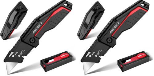 Image of ARROW Folding Utility Knife, Quick-Change Box Cutter with Belt Clip, Liner Lock, Heavy Duty Aluminum Razor Knife with Comfortable Handle, 10 Extra SK2 Blades Included (Pack of 2)