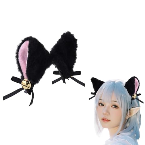 Black Cat Ears Hair Clips for Women Anima Ear Clips with Bell Cosplay Halloween Hair Accessories for Girls Cartoon Ears Clips for Girls 2 Pcs Cat Ear Barretts for Women Girls