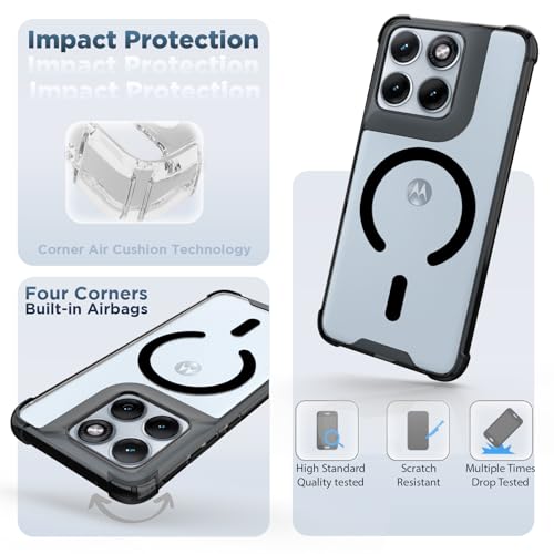 Image of RIGGEAR Shockproof Clear Hybrid Airbag Armor Magnetic Back Cover Case Compatible with MagSafe Accessories for Motorola Moto Edge 70 Fusion 5G (Clear-Black TPU Bumper + Transparent PC)(Black)