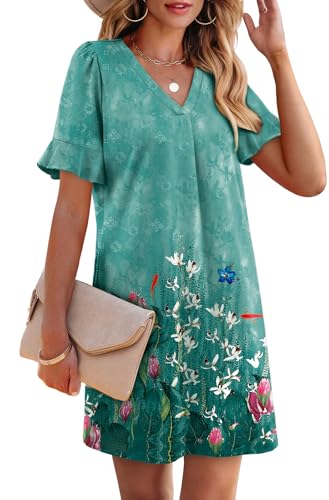 Image of OFEEFAN Summer Dresses for Women Ruffle Short Sleeve V Neck Casual Shift Dress with Pockets