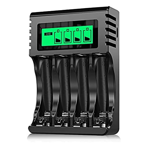 POWEROWL 4-slot AA AAA Battery Charger with LCD Display (USB Quick Charging, Independent Slot) for Ni-MH Ni-CD Rechargeable Batteries (Black) Cover