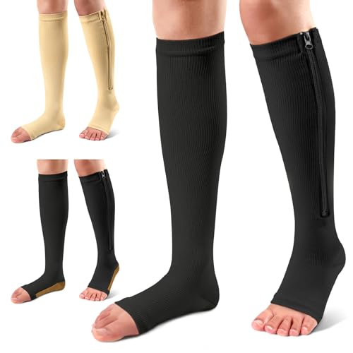 Image of Ailaka 3 Pairs Compression Socks with Zipper, 15-20 mmHg Medical Knee High Compression Socks for Men Women, Open Toe Socks for Varicose Veins, Edema, Recovery(Mix Color, XXL)
