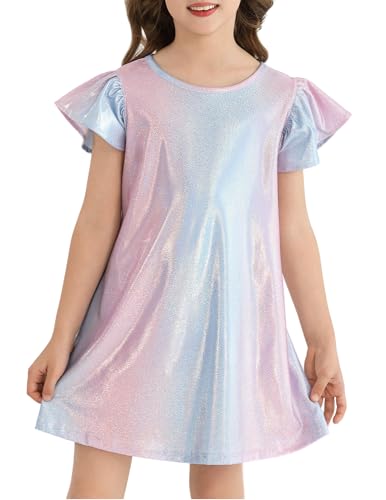 Fdqin Girls Party Dress Metallic Shiny Flutter Sleeve Sparkly Twirly Dresses for Dance, Prom, Disco Pink Multicolor 5-6 Years