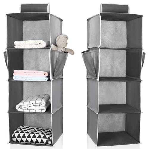 LEAZZLE Kleiderschrank Hängeregal Organizer,Mit 4 Regalen Und Seitentasche,Aufklebbare Anhänger Für Spind Organizer Wardrobe Zubehör, Hängeaufbewahrung MDF-Platten, Dunkelgrau Schrank