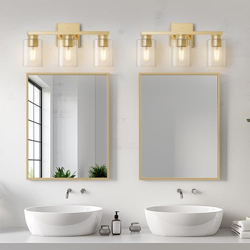 Image of L LOHAS LED 3-Light Bathroom Light Fixtures Over Mirror, 17.7-Inch Gold Bathroom Vanity Light with Clear Glass Shade, Modern Vanity Lights for Bathroom Hallway Living Room Bedroom, E26, UL Listed