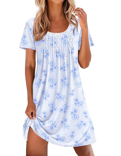 Image of Ekouaer Nightgowns for Women Short Sleeve Night Shirts Ladies Night Gown Pleated Sleep Shirts Lace Trim Sleep Dress