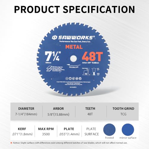 SawWorks 7-1/4 Inch 48T TCG Carbide Circular Saw Blade, Cuts Thin mild Steel and Non-Ferrous Materials, 5/8" Arbor — view 6
