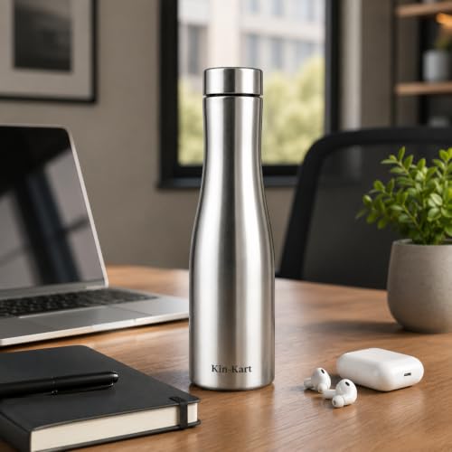 Image of Kin-Kart Water Bottles 1000 ml Stainless Steel Water Bottle 1 Litre | Eco friendly Steel BPA Free Leakproof Water Bottles for School, Office, Home, Gym (BELL BOTTOM, SILVER)