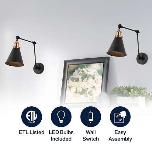 Image of JONATHAN Y Rover 1-Light Wall Sconce 7 inch, Black /Brass Gold, Set of 2