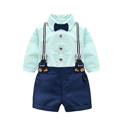 Moyikiss Studio Infant Boys Clothes Sets Long Sleeve Bow Tie Striped Shirt+Suspenders Shorts Gentleman 2Pcs Suit (Green, 90/12-18Months)