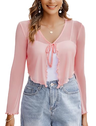 Image of Avidlove Womens Sheer Shrug Tie Front Long Bell Sleeve Mesh Bolero Lightweight Summer Casual Short Shawl Top