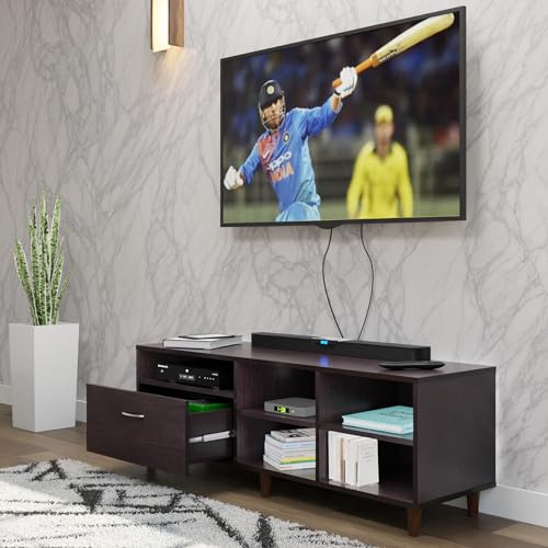 Image of VIKI Modern TV Unit for Living Room | Engineered Wood TV Cabinet with 1 Drawer Storage & 3 Open Shelves, Set Top Box Stand, Entertainment Unit, 140W x 48H x 40D cm | DIY | 1 Year Warranty (Wenge)