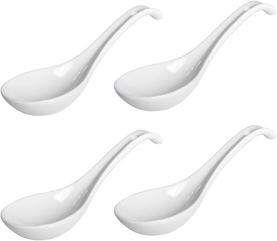 Porcelain Soup Spoons,7 inch Asian Soup Spoons,Japanese soup spoons for Pho, Wonton, Noodles, Chinese Ceramic Rice Spoons, Japanese Ramen Spoons, White Set of 4
