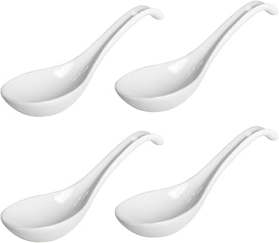 Porcelain Soup Spoons,7 inch Asian Soup Spoons,Japanese soup spoons for Pho, Wonton, Noodles, Chinese Ceramic Rice Spoons, Japanese Ramen Spoons, White Set of 4