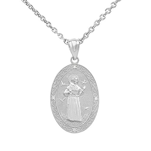 Sterling Silver Saint Francis of Assisi CZ Oval Medal Charm Necklace (Small), 22 