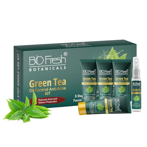 Image of Biofresh Botanicals Green Tea Facial Kit 5-Step Easy Solution for Oil Control Acne Reduction Sebum Production with Brighten Skin Complexion and Glow at Home 100% Vegan Facial Kit for All Skin Types