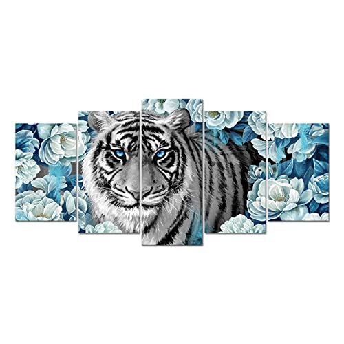 Welmeco Black And White Tiger With Blue Eyes Painting Prints Wildlife Animal Tiger In White Flowers Picture Artwork Gallery Wrapped On Wood Frame Ready To Hang For Home Living Room Bedroom (L-50Xh-24) #TOP30