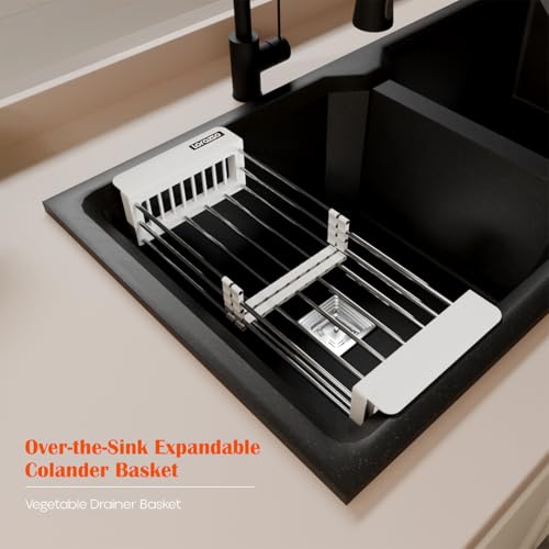 Image of Lorazzo Kitchen Sink Basket - Over The Sink Expandable Colander for Vegetable & Fruit Washing | Drain Basket & Sink Strainer | Adjustable Kitchen Sink Accessories | 1-Year Warranty (Silver & White)