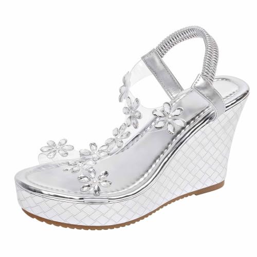 Sandales compensées plateforme argentées pour femme avec strass et brides transparentes