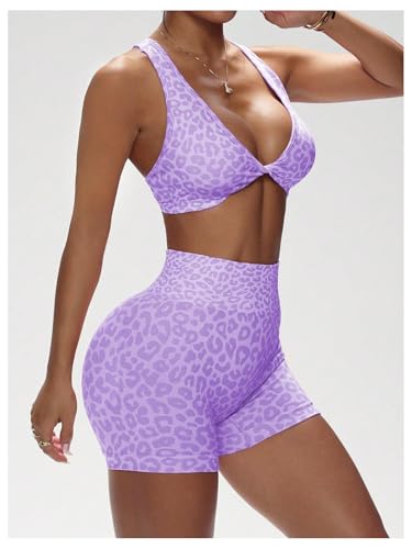SHENHE Women's Leopard Workout Set 2 Piece Twist Front Cross Back Sports Bra Biker Shorts Set2
