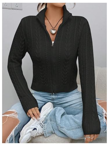 Image of MakeMeChic Women's Cropped Cable Knit Sweater Zip Cardigan Fall Clothes