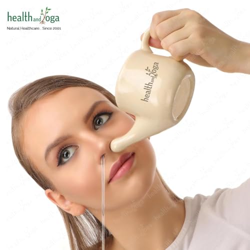 Image of HealthAndYoga FloJar Ceramic Jal Neti Pot (250 ml, Beige) + HealthAndYoga Jala Neti Salt Sachets (Pack of 10)- Saline Nasal Wash Yoga Detox -for Common Cold, Dust & Pollution-Spill-Proof Design