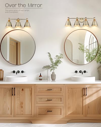 Image of FEMILA Vanity Lights, 4-Lights Bathroom Light Fixtures Over Mirror, Antique Brass Wall Sconces Lamp with Hammered Metal Shade Finish, 4FG59B-4W BG