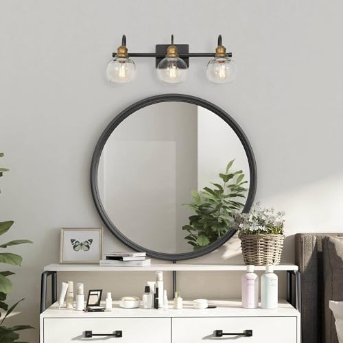 Image of KSANA Farmhouse Bathroom Light Fixture, Modern Black Gold 3-Light Vanity Light with Opening Clear Glass Shade, Modern Antique Brass Wall Lamp Over Mirror