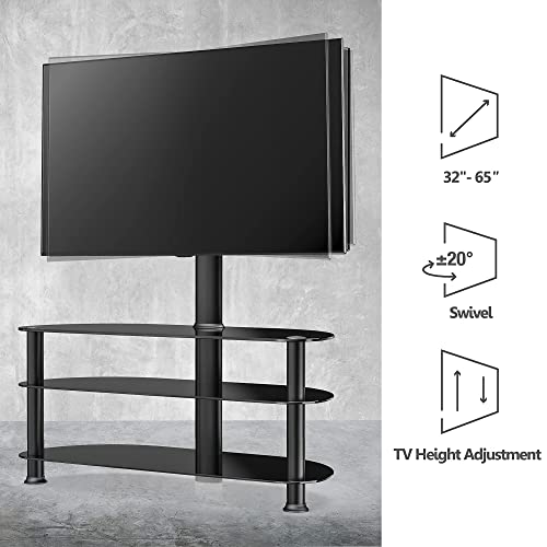 Fitueyes Tall Swivel Floor Tv Stand With Mount 3-Tier Media Stand Flat Panel Height Adjustable Glass Entertainment Stand For 32-65 Inch Plasma Lcd Led Qled Flat/Curved Screen Tv, Vesa 400X600Mm #TOP2