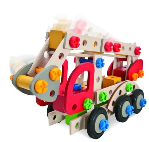 Eichhorn 100039085 - Constructor Feuerwehrauto, 155 TLG., Holz-Konstruktions-Set, 3 Verschiedene Modelvarianten baubar, FSC 100% Zertifiziertes Buchenholz, Made in Germany