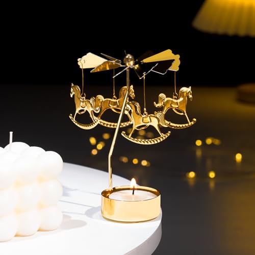 Toptime Spinning Candle Holder, Gold Tea Lights Candle Holder Carousel Candle Spinner, Rotating Metal Candle Holders for Table Centerpiece Carousel Tealight Holder for Christmas Festival Home Decor