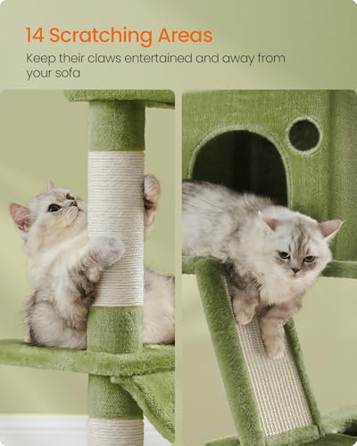 Image of Feandrea Cat Tree, 81.1-Inch Large Cat Tower, Multi-Level Condo, Green | with 13 Sisal Scratching Posts, 2 Perches, 2 Cave, Hammock, Basket, Pompoms for Indoor Cats, Easy to Assemble, UPCT190C01