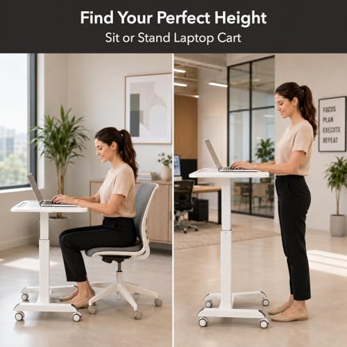 Image of Mount-It! Laptop Cart Rolling Desk Adjustable Height with 28.5 inch x 22 inch Tabletop, Ergonomic Sit-Stand Workstation on Wheels Portable for Home Office, Dorm, Classroom, White