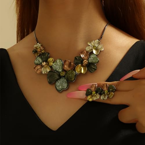 Chunky Statement Jewelry Set Vintage Retro Leaf Flower Floral Geometric Bohemian Boho Bib Necklace Earring Set Fashion Costume Jewelry for Women Girls Wedding Party Prom Unique Gift2