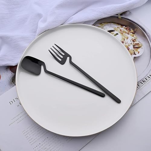 Image of Modern Stainless Steel Flatware Set - 4-Piece Unique Bent Handle Cutlery Set - Fork, Knife, Spoon & Teaspoon - Elegant Kitchen & Dining Silverware Set for Home & Restaurant (Black)
