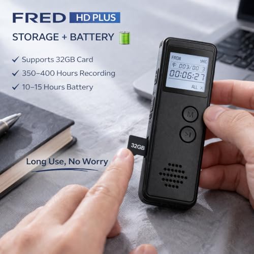Image of FREDI HD PLUS Voice Recorder, Digital Audio Recorder for Meetings, Lectures & Students, Portable Recording Device with Mic & Speaker, 32GB TF Card, One Button, Voice Activated (VOR), USB Rechargeable