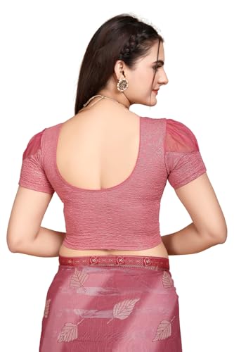 Image of SFT Women's Organza Patch Readymade Saree Blouse with Round Neck Half Sleeves Abstract Pattern Pull On Closure Regular Fit and Standard Length