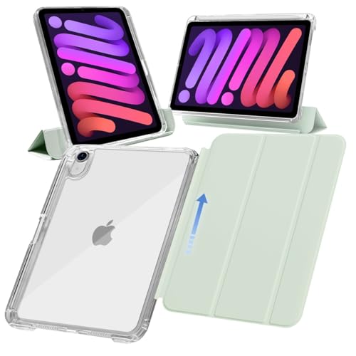 MS factory iPad mini 7 6 用 ケース mini7 (A17 Pro 2024 第7世代) mini6 (2021 第6世代) ペン収納 取り外し可能 軽量 耐衝撃 カバー 縦置き/横置きスタンド アイパッドミニ ソフトフレーム 背面透明 アイスグリーン 緑 IPDM6-SLDPEN-IGR