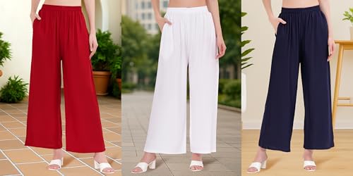 Image of Buy That Trendz Palazzo Pants for Women Rayon Elasticated Regular Fit Flared Wide Leg M to 6XL Pack of 3
