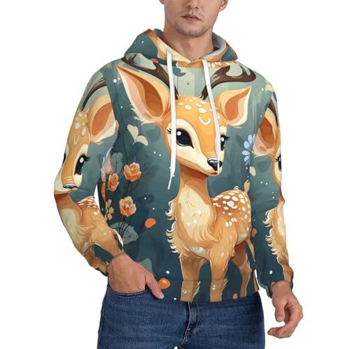 Men's Fleece Pullover Hoodie Long Sleeve Hooded Cartoon Deer Flower Sweatshirt Casual Shirts With Pockets