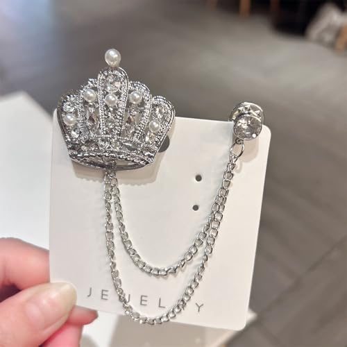 Image of coadipress Crown With Hanging Chain Brooch for Women Men Elegant Gentlemen Gold Silver Crystal Crown Lapel Pin Vintage Rhinestone Wedding Brooch Suit Shirt Pin Accessories