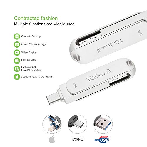 USB Flash Drives 128gb Memory Stick for iPhone Photo Stick USB C Thumb Drive 3in1 External Storage USB C Drive Richwell for Apple iPhone iPad iOS Mac Android USB Type C and Computers (Silver-DXZ128G)