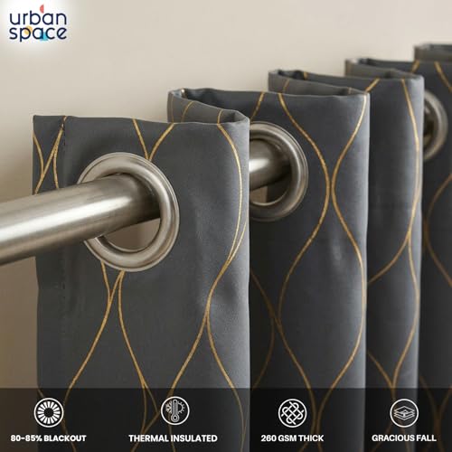 Image of Urban Space 80-85% True Blackout Curtains for Door, Gold Foil Printed Blackout Curtains, Blackout Decorative Door Curtain Eyelet with Tieback, 1 Piece Curtain for Living Room(Wave Stone Gray, 7 Feet)