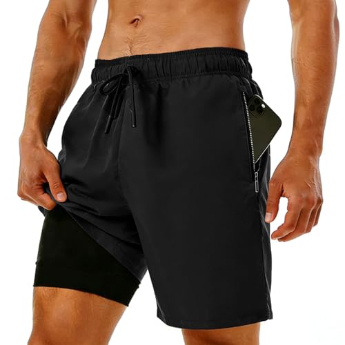 Image of Men's Swim Trunks with Compression Liner, Quick Dry Hawaiian Swimwear Bathing Suit Drawstring Board Shorts