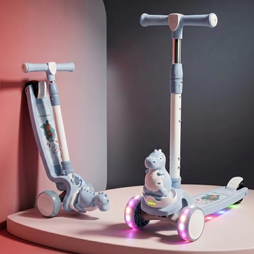 Image of Baybee Dino Blaze Kick Scooter for Kids | 3 Wheel Skate Scooter with RGB LED Wheels & Music | 3 Height Adjustable T-Bar Handle & Rear Brake | Foldable Skate Scooter for Kids 3 to 8 Years (Dark Blue)