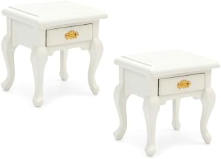 1 12 Dollhouse Furniture 2 Pcs Miniature End Table Vintage Bedside Table | Openable drawer white wooden nightstand living room bedroom scene decoration classic acessories doll mini items storage