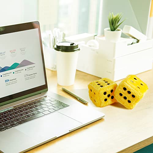 Giveme5 3 Inch Pair Of Retro Square Mirror Hanging Couple Fuzzy Plush Dice With Dots For Car Interior Ornament Decoration (Yellow) #TOP5